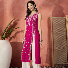 Embroidered Front Cut Straight Kurta With Trousers
