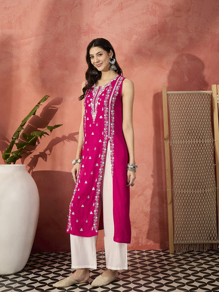 Embroidered Front Cut Straight Kurta With Trousers