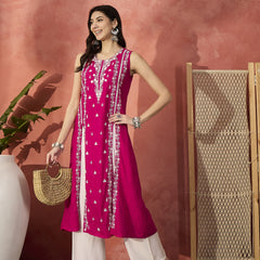 Embroidered Front Cut Straight Kurta With Trousers