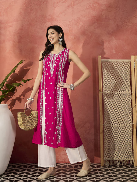 Embroidered Front Cut Straight Kurta With Trousers