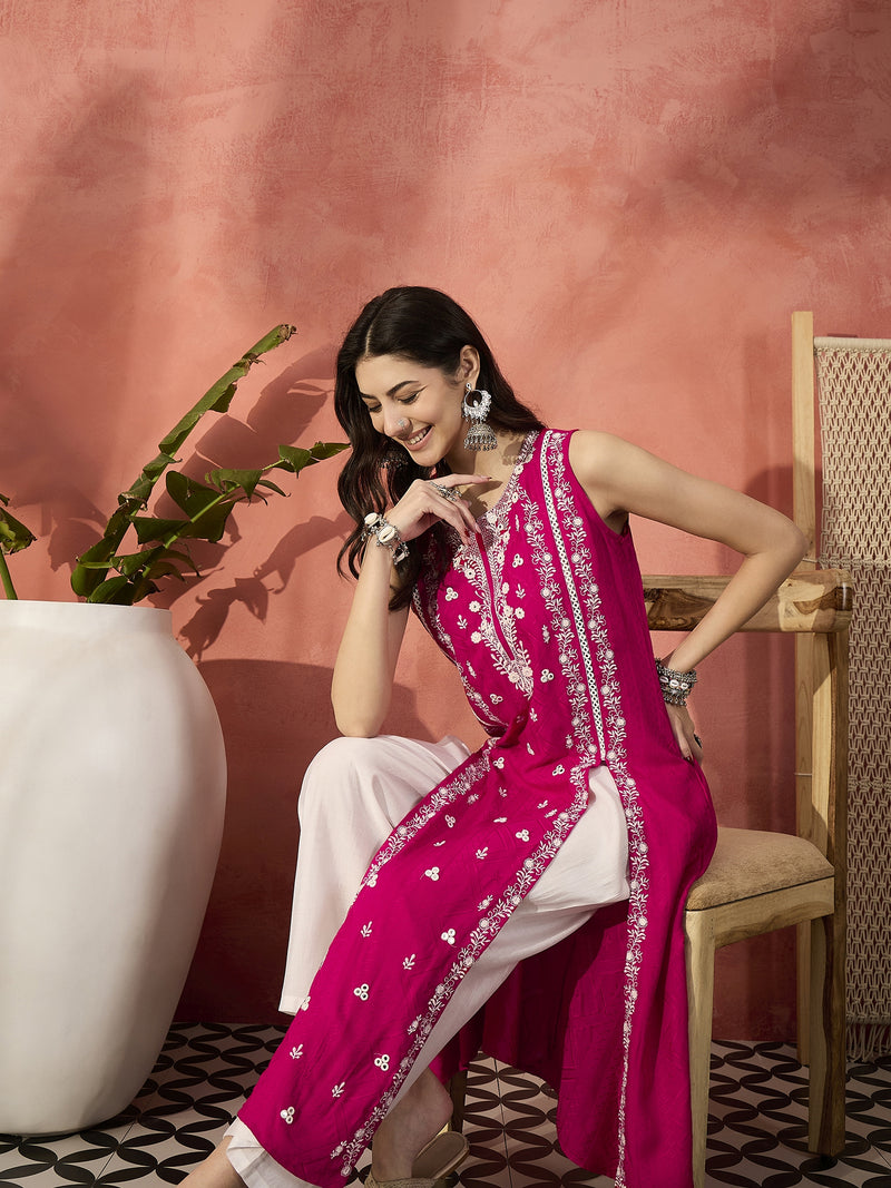 Embroidered Front Cut Straight Kurta With Trousers