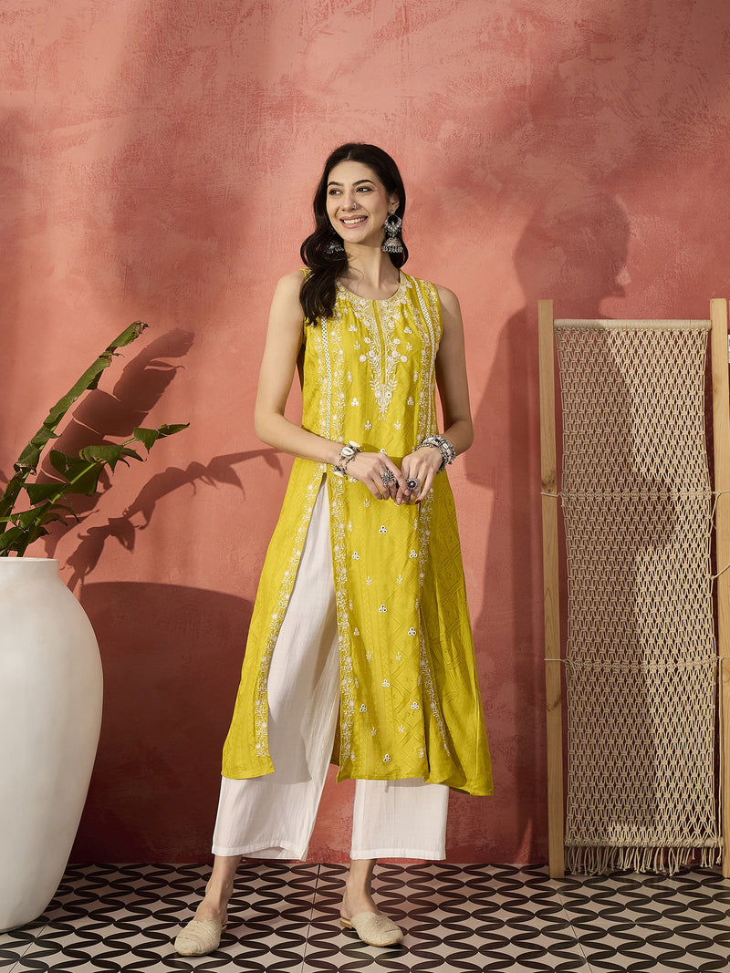 Embroidered Front Cut Straight Kurta With Trousers