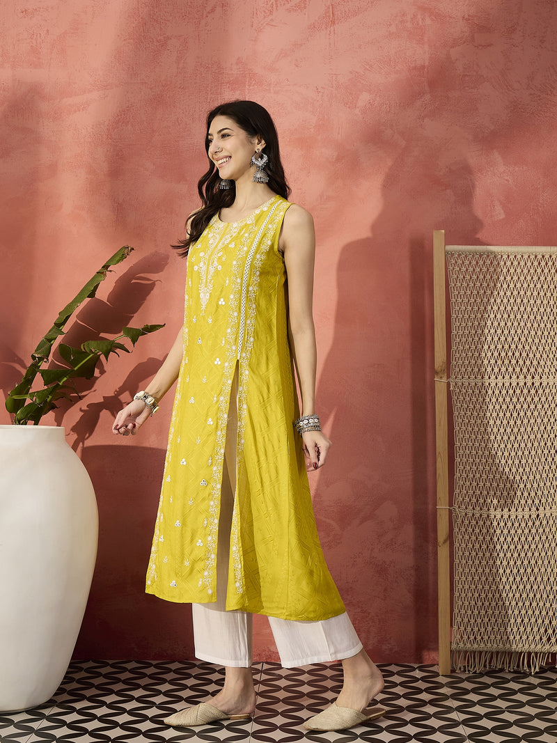 Embroidered Front Cut Straight Kurta With Trousers