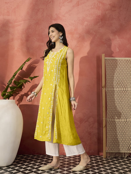 Embroidered Front Cut Straight Kurta With Trousers