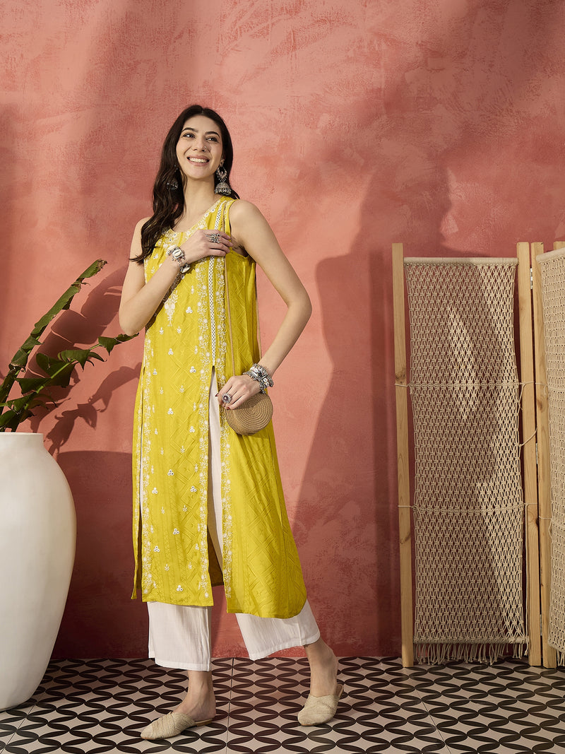 Embroidered Front Cut Straight Kurta With Trousers