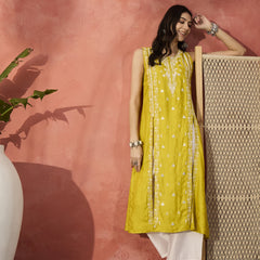 Embroidered Front Cut Straight Kurta With Trousers