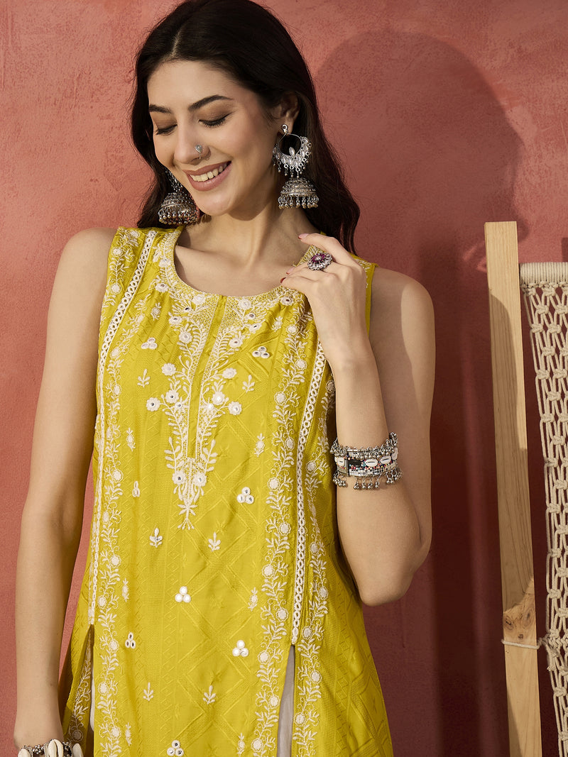 Embroidered Front Cut Straight Kurta With Trousers