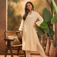 Mandarin Collar Thread Work Straight Kurta With Trouser