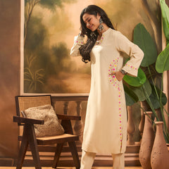 Mandarin Collar Thread Work Straight Kurta With Trouser