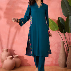 Floral Embroidered Mandarin Collar Straight Kurta With Trousers