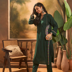 Mandarin Collar Thread Work Straight Kurta With Trouser