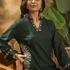 Mandarin Collar Thread Work Straight Kurta With Trouser