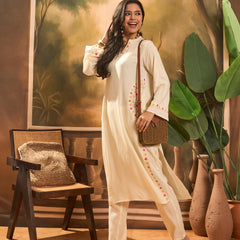 Floral Embroidered V-Neck Thread Work Side Pocket Straight Kurta With Trousers