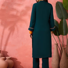 Floral Embroidered Mandarin Collar Straight Kurta With Trousers