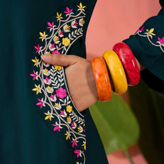 Floral Embroidered Mandarin Collar Straight Kurta With Trousers