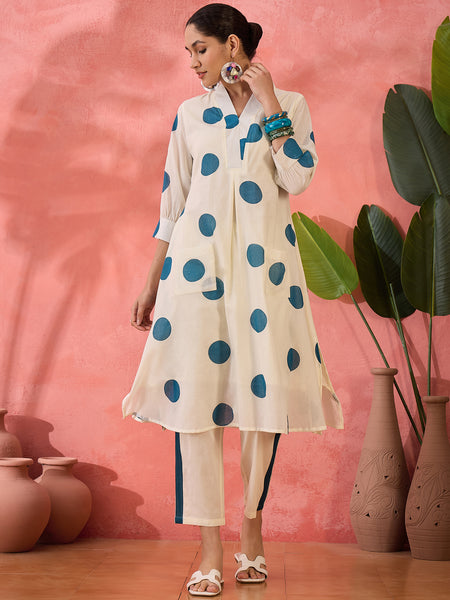 Geometric Printed V-Neck Pure Cotton Straight Kurta With Trouser