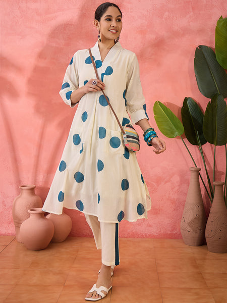 Geometric Printed V-Neck Pure Cotton Straight Kurta With Trouser