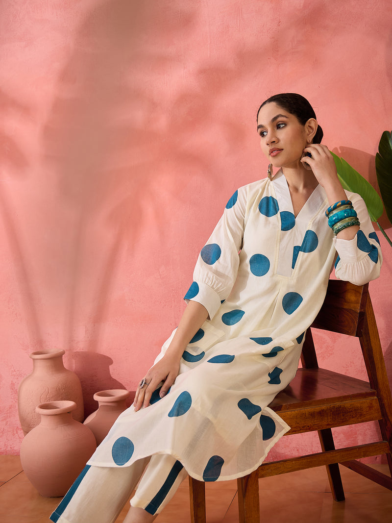 Geometric Printed V-Neck Pure Cotton Straight Kurta With Trouser
