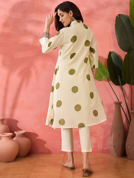 Geometric Printed V-Neck Pleated Pure Cotton A-Line Kurta With Trouser