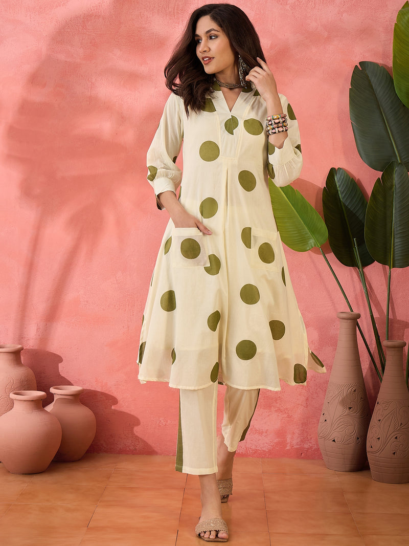Geometric Printed V-Neck Pleated Pure Cotton A-Line Kurta With Trouser