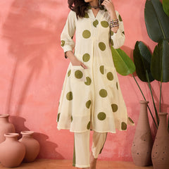 Geometric Printed V-Neck Pleated Pure Cotton A-Line Kurta With Trouser