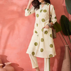 Geometric Printed V-Neck Pleated Pure Cotton A-Line Kurta With Trouser
