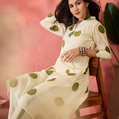 Geometric Printed V-Neck Pleated Pure Cotton A-Line Kurta With Trouser