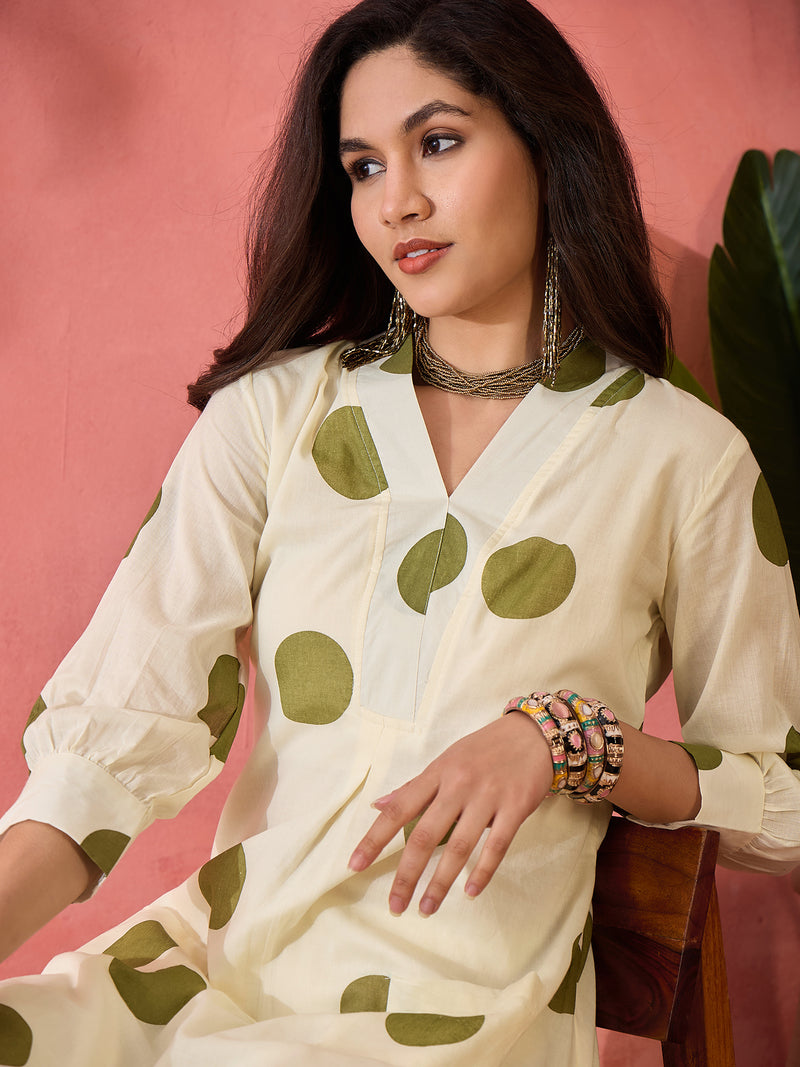 Geometric Printed V-Neck Pleated Pure Cotton A-Line Kurta With Trouser