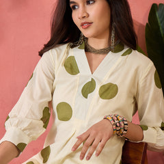 Geometric Printed V-Neck Pleated Pure Cotton A-Line Kurta With Trouser
