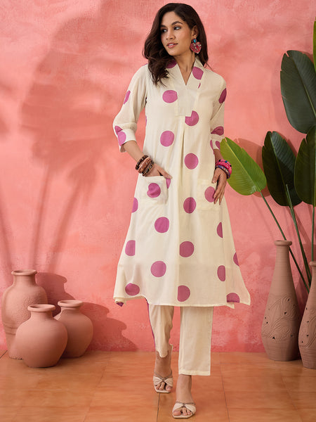 Geometric Printed V-Neck Pleated Pure Cotton A-Line Kurta With Trouser
