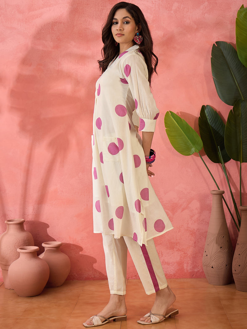 Geometric Printed V-Neck Pleated Pure Cotton A-Line Kurta With Trouser