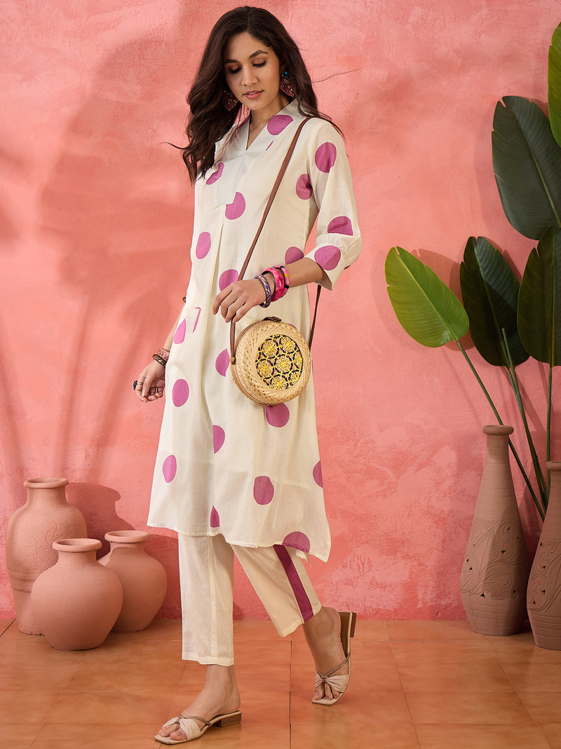 Geometric Printed V-Neck Pleated Pure Cotton A-Line Kurta With Trouser