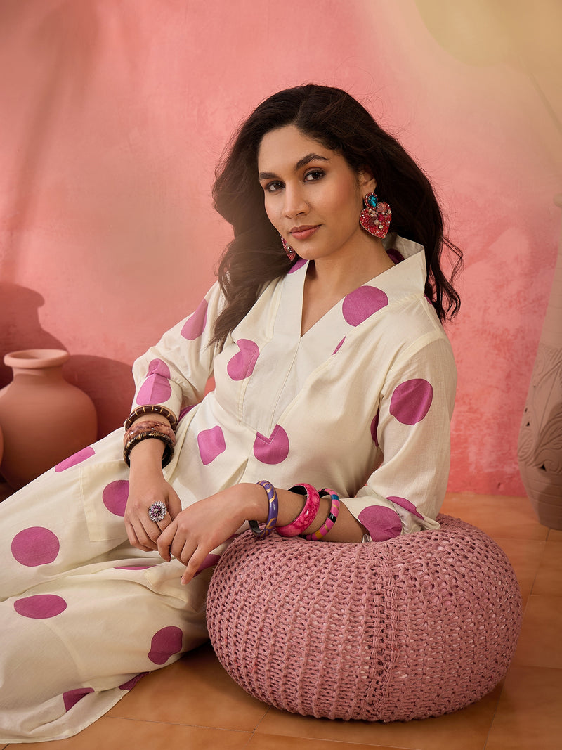 Geometric Printed V-Neck Pleated Pure Cotton A-Line Kurta With Trouser