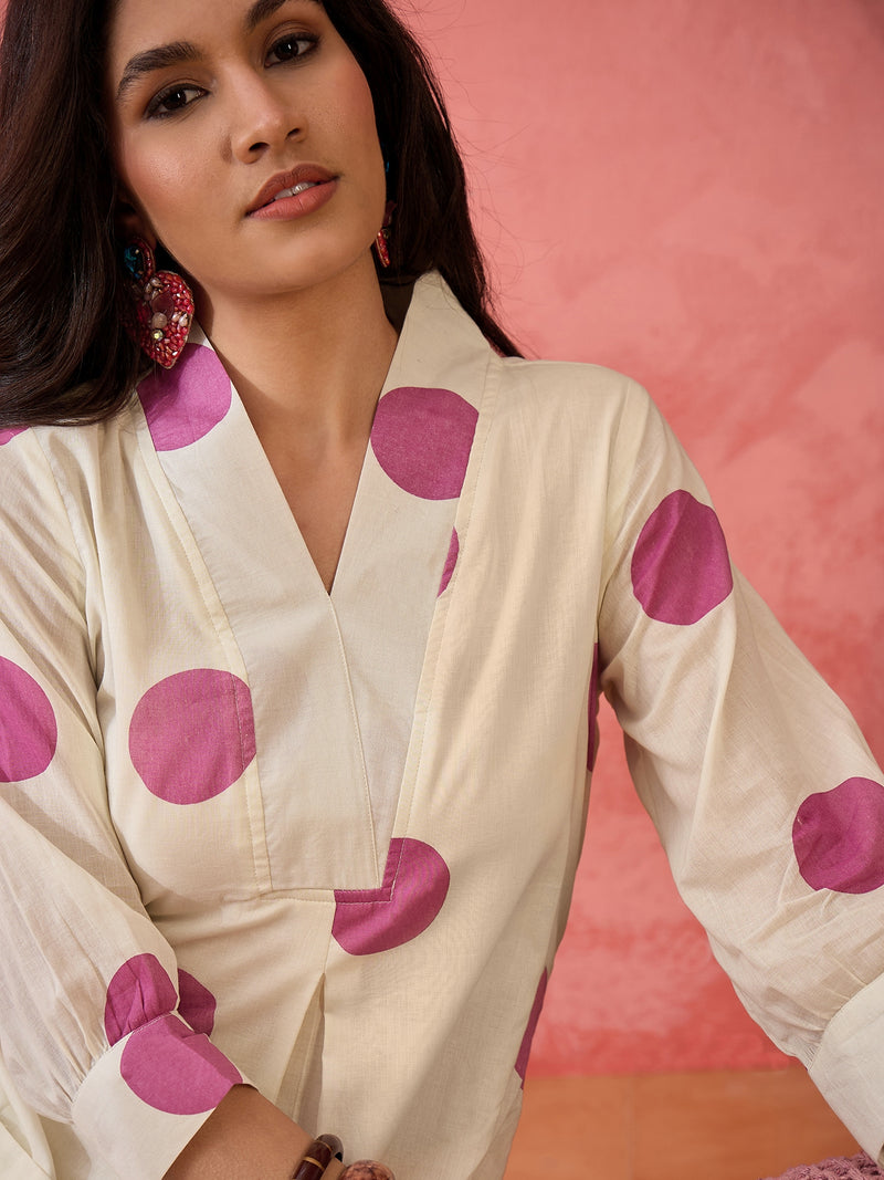 Geometric Printed V-Neck Pleated Pure Cotton A-Line Kurta With Trouser