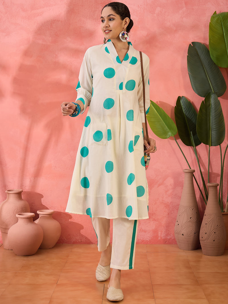 Geometric Printed V-Neck Pure Cotton A-Line Kurta With Trouser