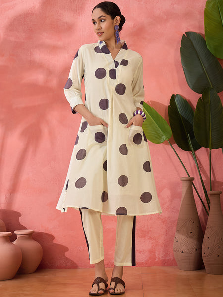 Geometric Printed V-Neck  Pure Cotton A-Line Kurta With Trouser