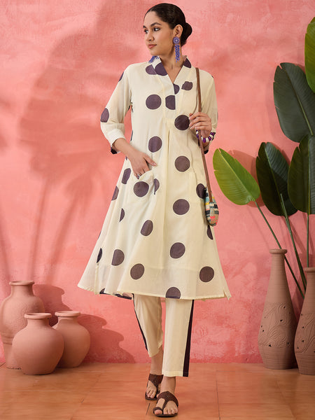 Geometric Printed V-Neck  Pure Cotton A-Line Kurta With Trouser