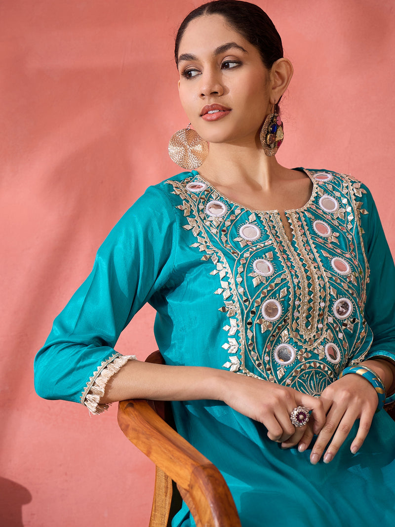 Embroidered Straight Kurta & Palazzo With Bag