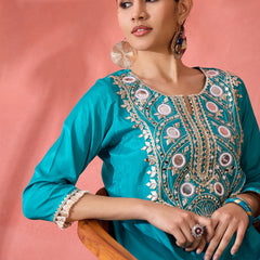 Embroidered Straight Kurta & Palazzo With Bag
