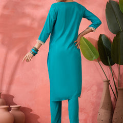 Embroidered Straight Kurta & Palazzo With Bag