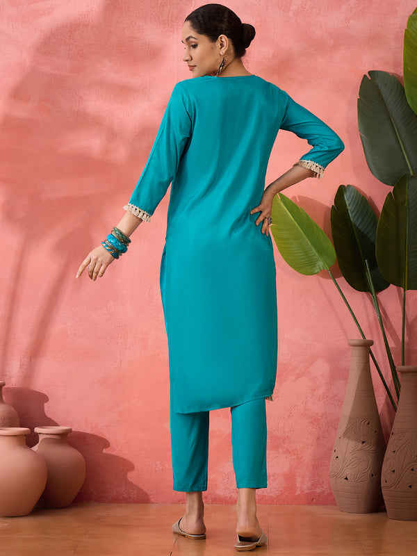 Embroidered Straight Kurta & Palazzo With Bag