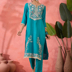 Embroidered Straight Kurta & Palazzo With Bag