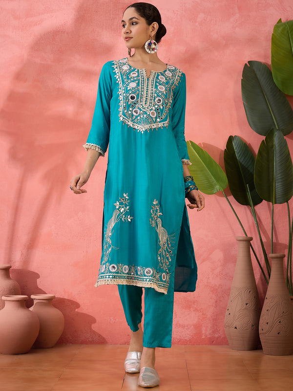 Embroidered Straight Kurta & Palazzo With Bag