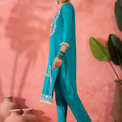 Embroidered Straight Kurta & Palazzo With Bag