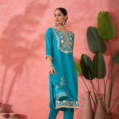 Embroidered Straight Kurta & Palazzo With Bag