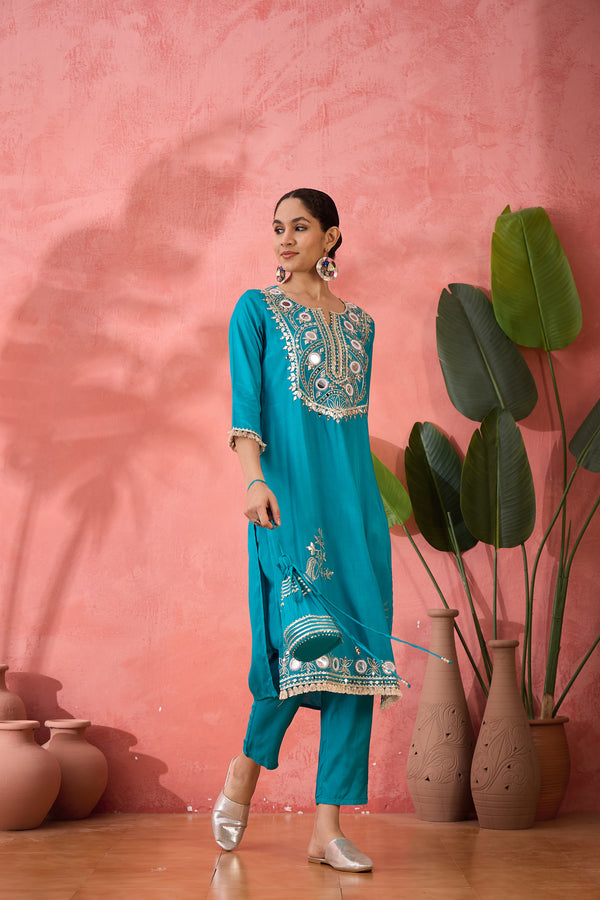 Embroidered Straight Kurta & Palazzo With Bag