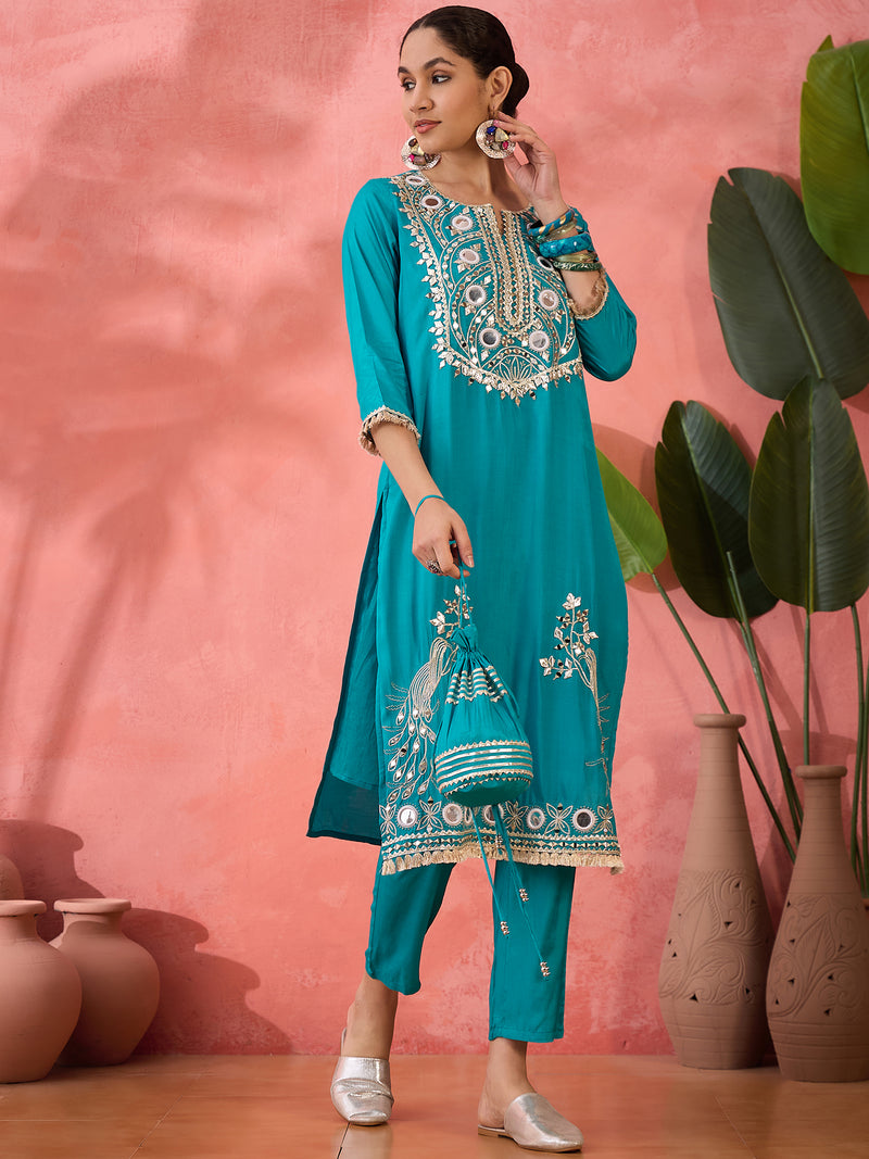 Embroidered Straight Kurta & Palazzo With Bag