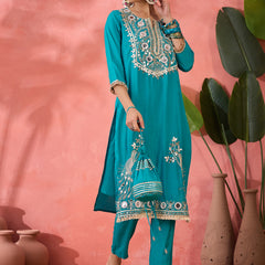 Embroidered Straight Kurta & Palazzo With Bag