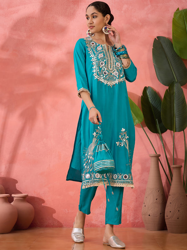 Embroidered Straight Kurta & Palazzo With Bag