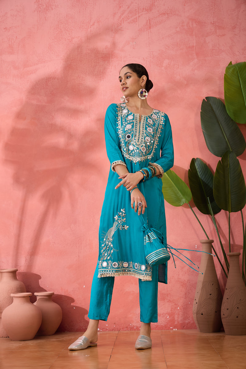Embroidered Straight Kurta & Palazzo With Bag